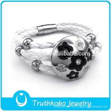 TKB-B5007 Hebilla magnética de acero inoxidable Pulsera de cuero trenzado blanco de PU Pulsera de flores de 2015 mujeres